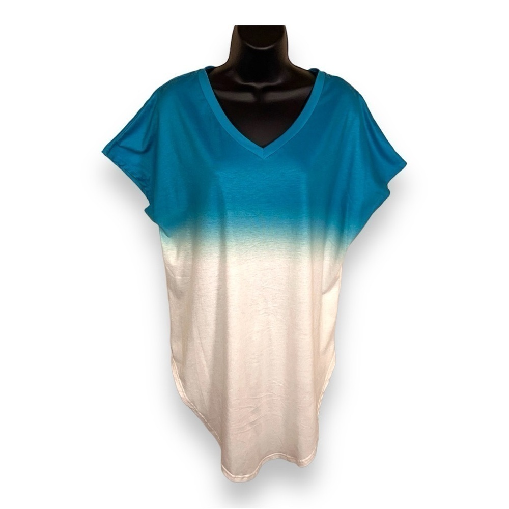 SMALL WHITE TEAL BLUE OMBRÉ OVERSIZED TSHIRT WOMENS TUNIC SLEEPSHIRT TEE